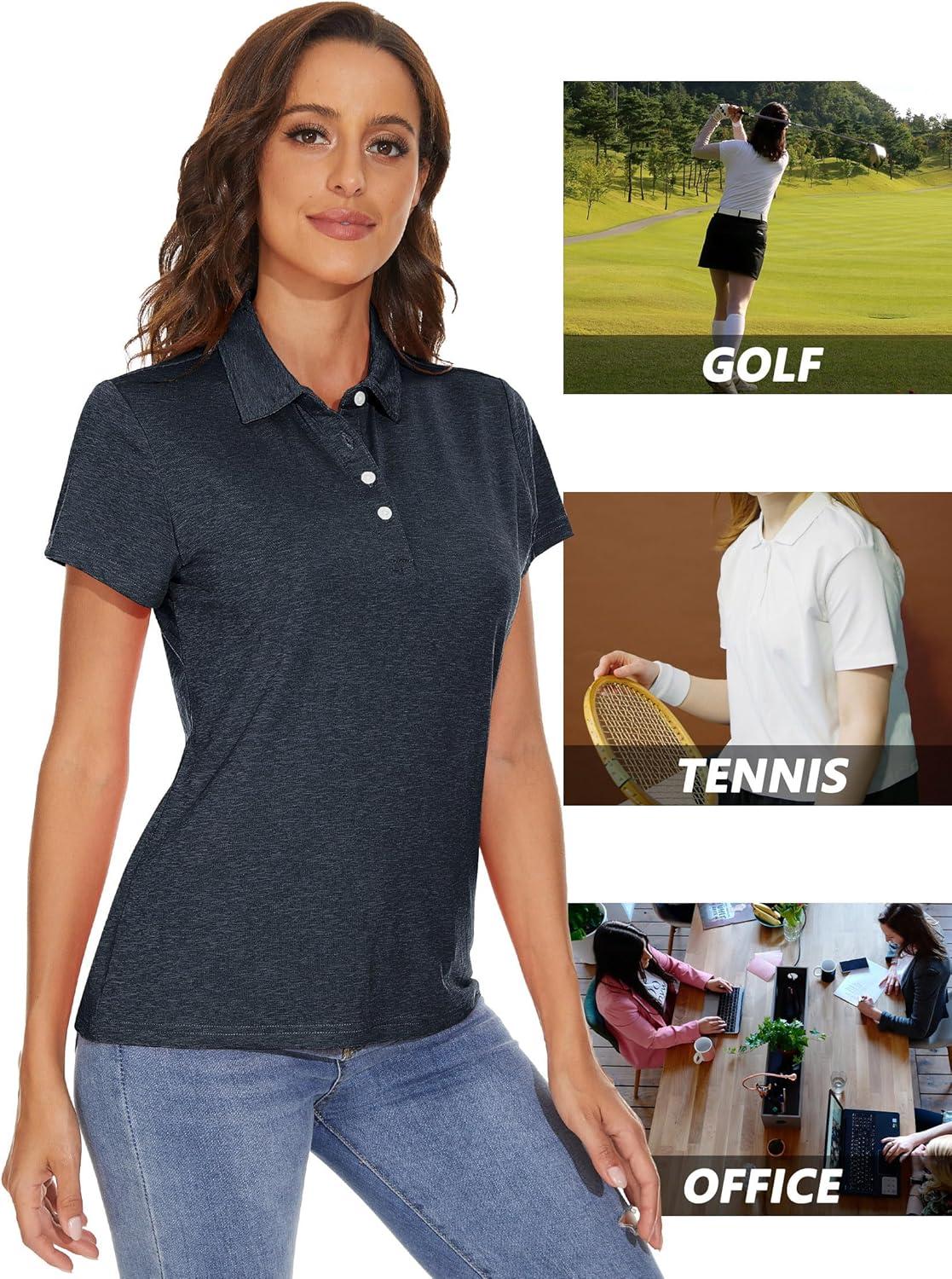 imageMAGCOMSEN Womens Polo Shirts Short Sleeve Quick Dry Golf TShirts Collared Golf Tops for Work Casual 4 ButtonsBlack