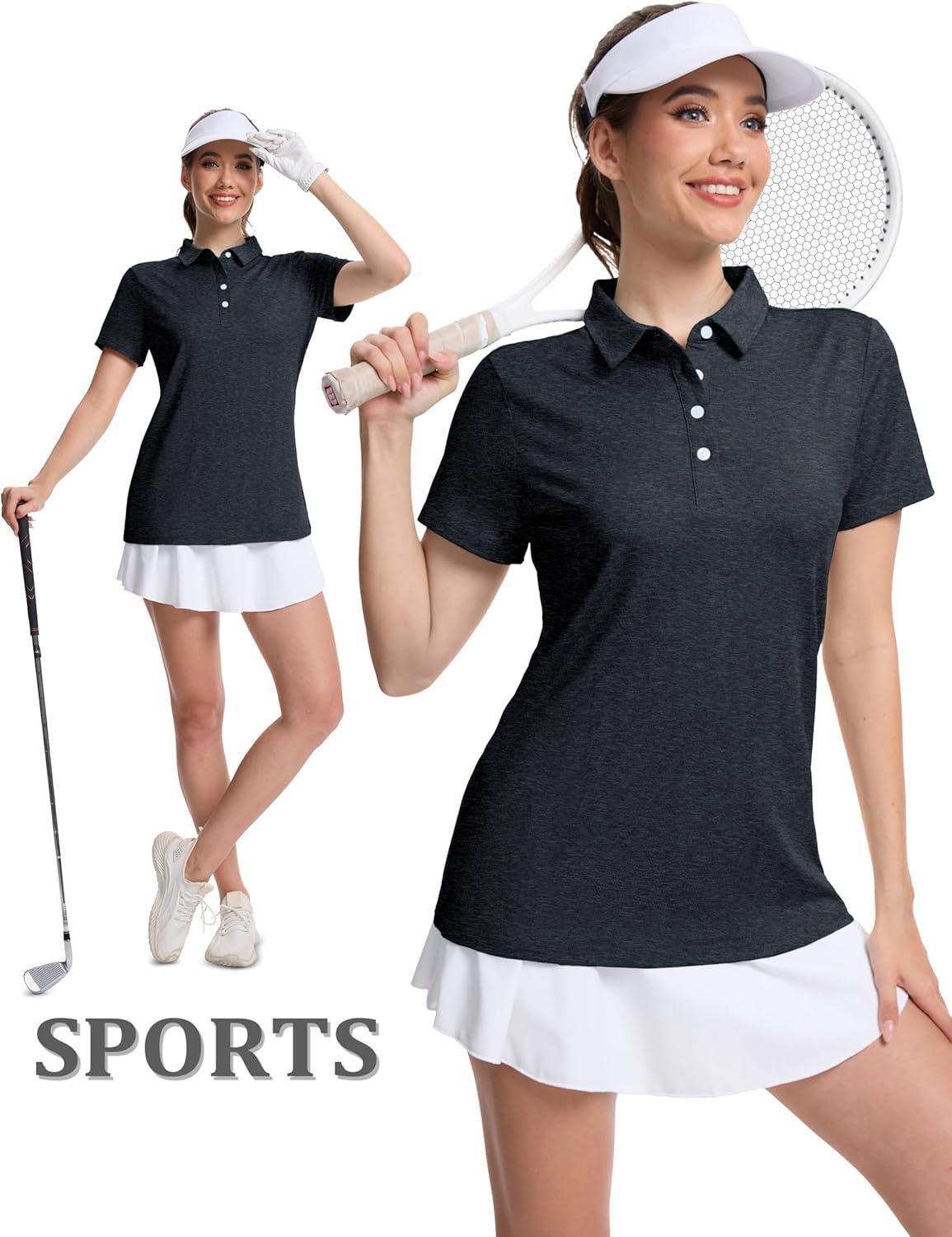 imageMAGCOMSEN Womens Polo Shirts Short Sleeve Quick Dry Golf TShirts Collared Golf Tops for Work Casual 4 ButtonsBlack