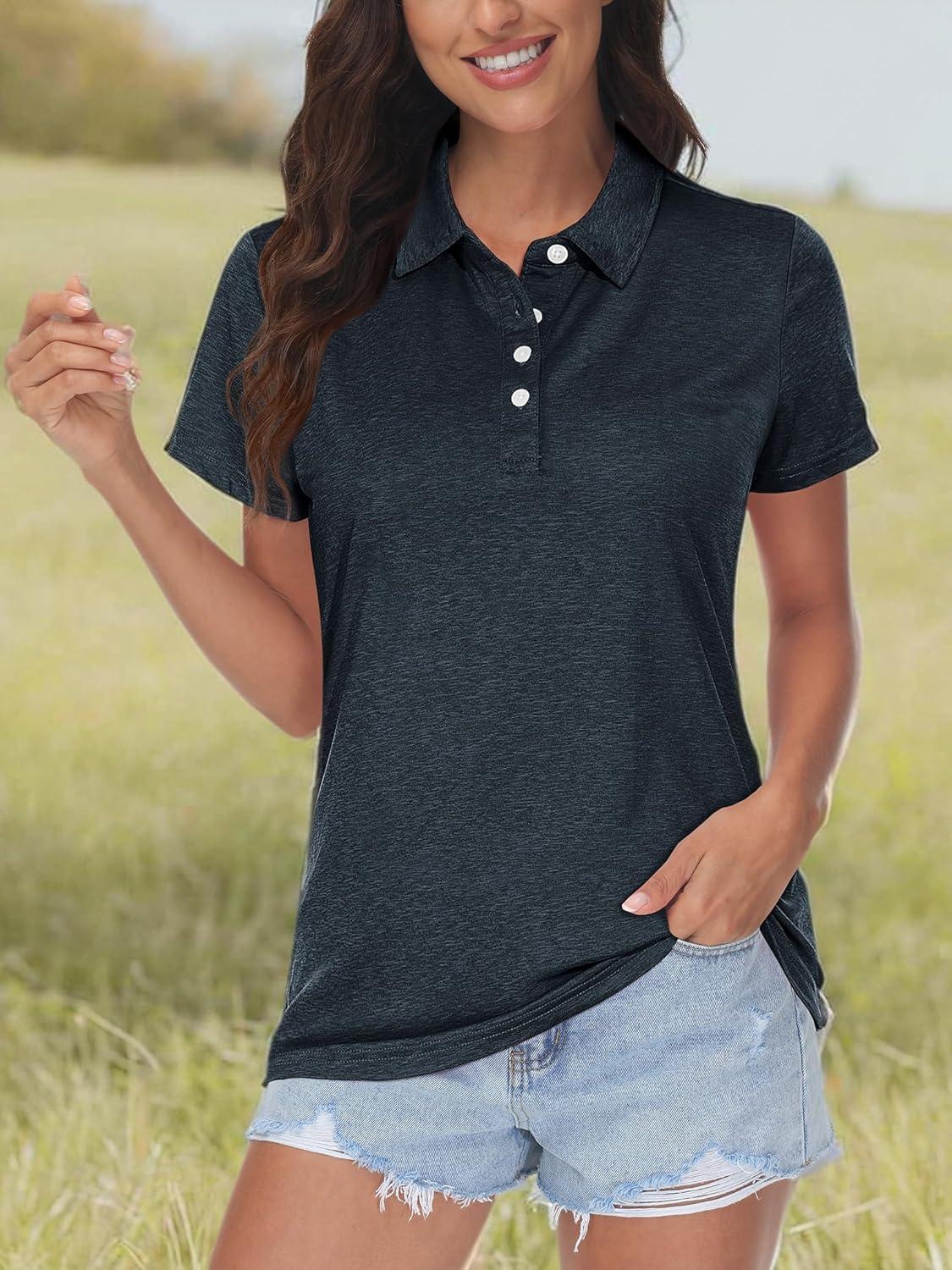 imageMAGCOMSEN Womens Polo Shirts Short Sleeve Quick Dry Golf TShirts Collared Golf Tops for Work Casual 4 ButtonsBlack