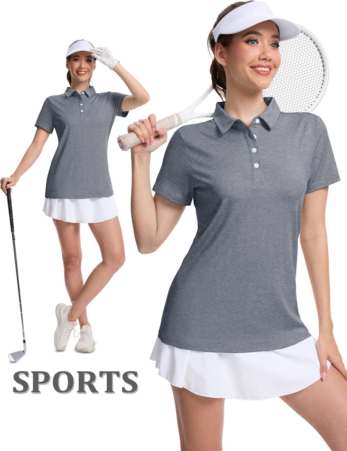 imageMAGCOMSEN Womens Polo Shirts Short Sleeve Quick Dry Golf TShirts Collared Golf Tops for Work Casual 4 ButtonsDark Grey