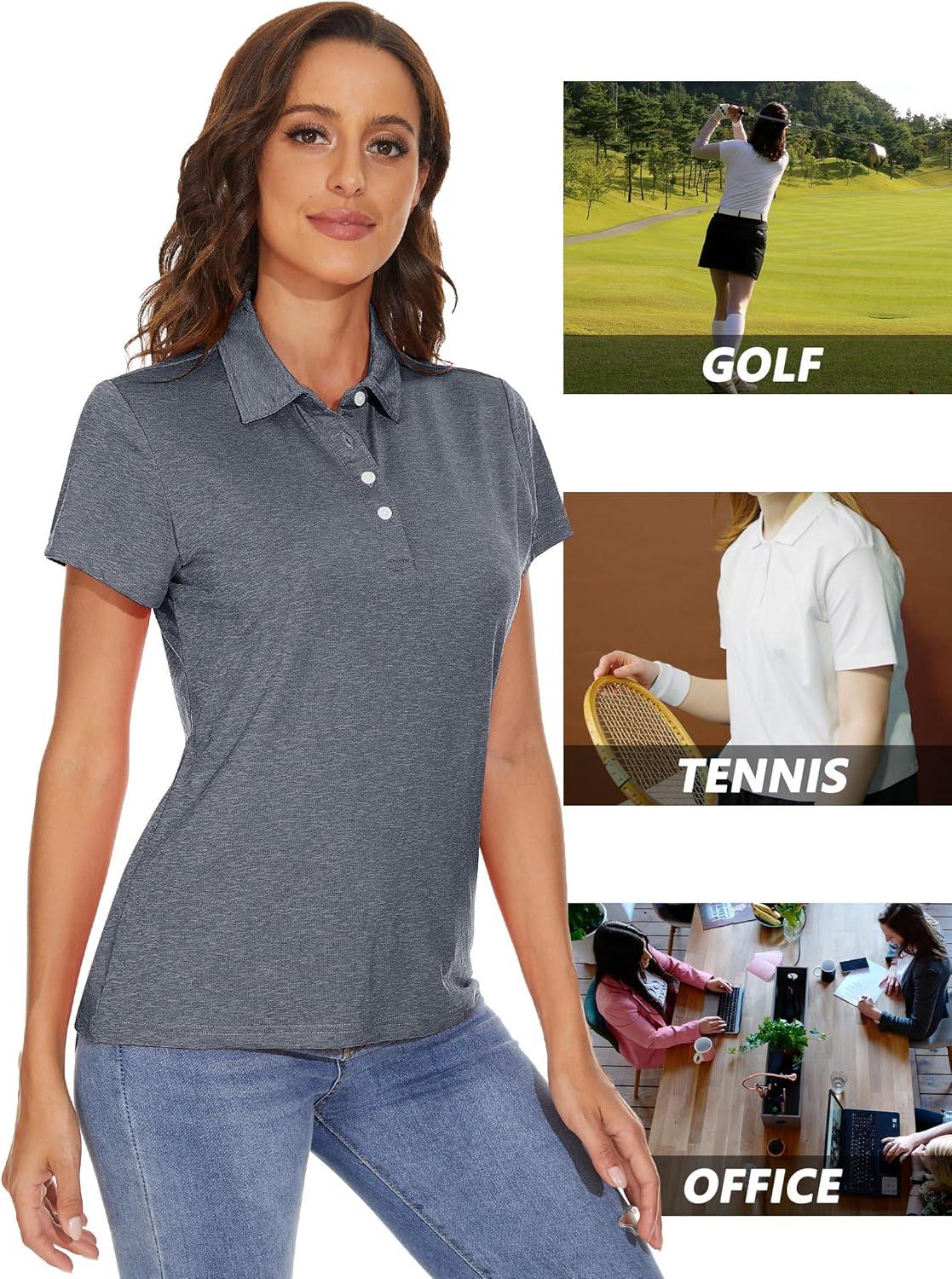 imageMAGCOMSEN Womens Polo Shirts Short Sleeve Quick Dry Golf TShirts Collared Golf Tops for Work Casual 4 ButtonsDark Grey