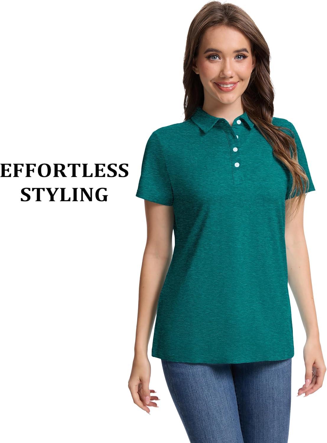 imageMAGCOMSEN Womens Polo Shirts Short Sleeve Quick Dry Golf TShirts Collared Golf Tops for Work Casual 4 ButtonsEmerald Green