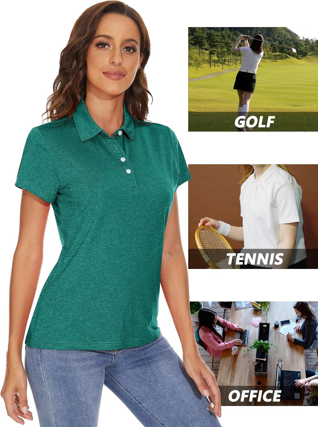 imageMAGCOMSEN Womens Polo Shirts Short Sleeve Quick Dry Golf TShirts Collared Golf Tops for Work Casual 4 ButtonsEmerald Green