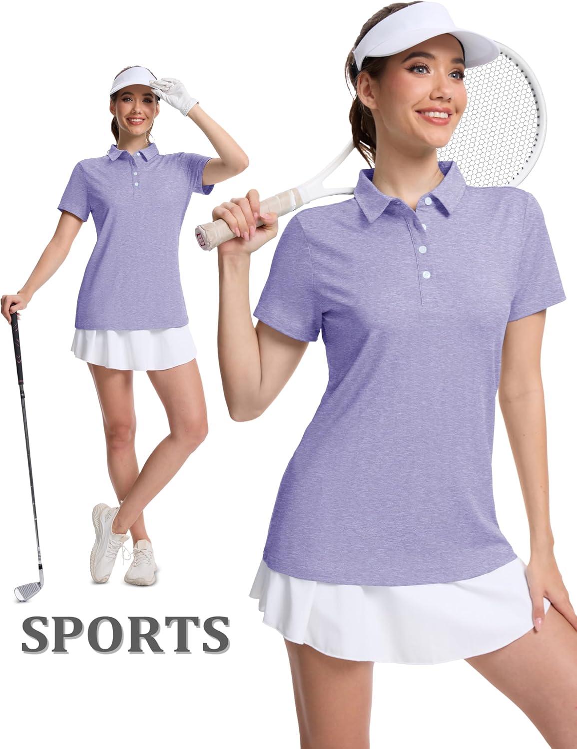 imageMAGCOMSEN Womens Polo Shirts Short Sleeve Quick Dry Golf TShirts Collared Golf Tops for Work Casual 4 ButtonsLight Purple
