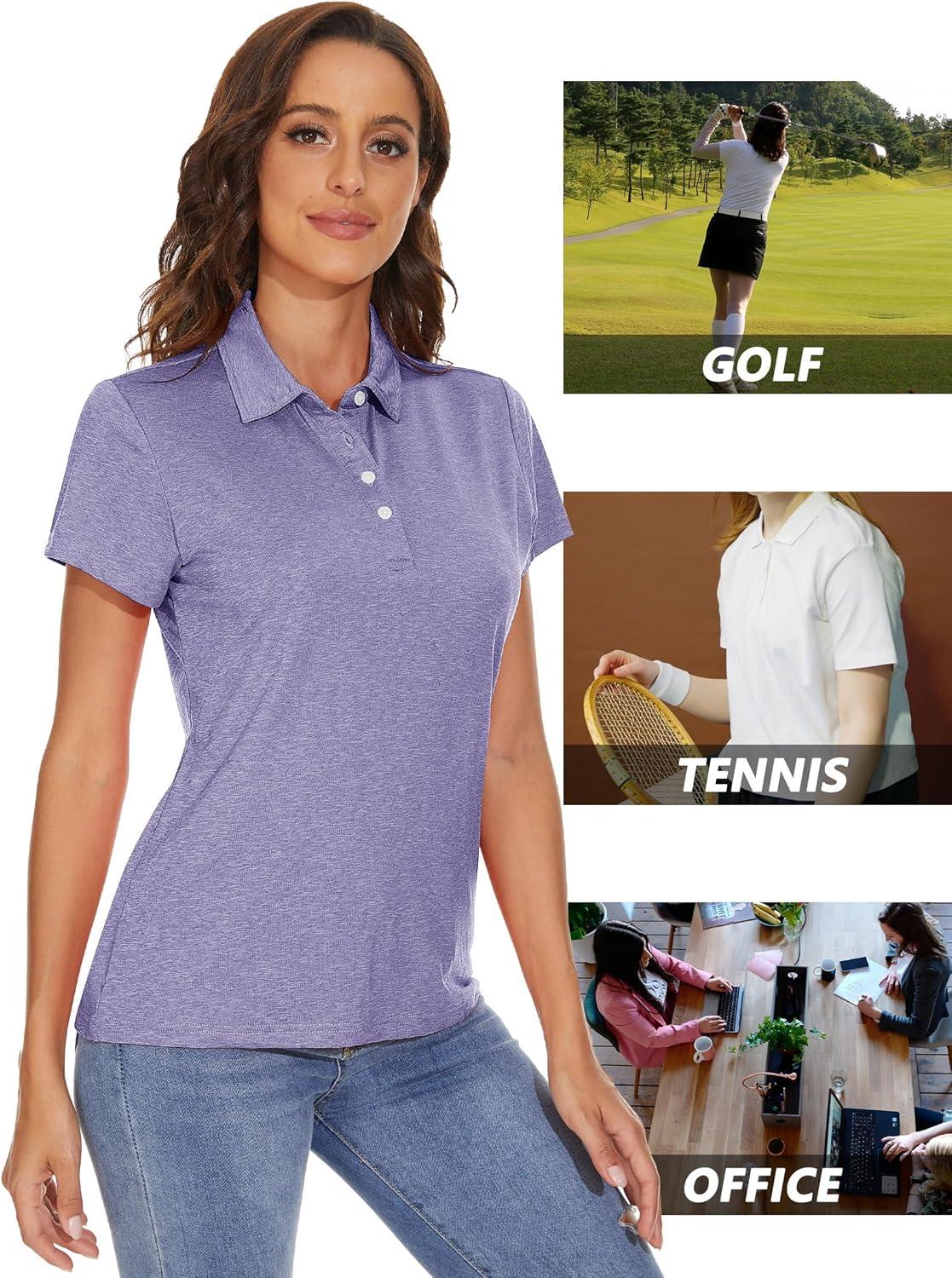 imageMAGCOMSEN Womens Polo Shirts Short Sleeve Quick Dry Golf TShirts Collared Golf Tops for Work Casual 4 ButtonsLight Purple