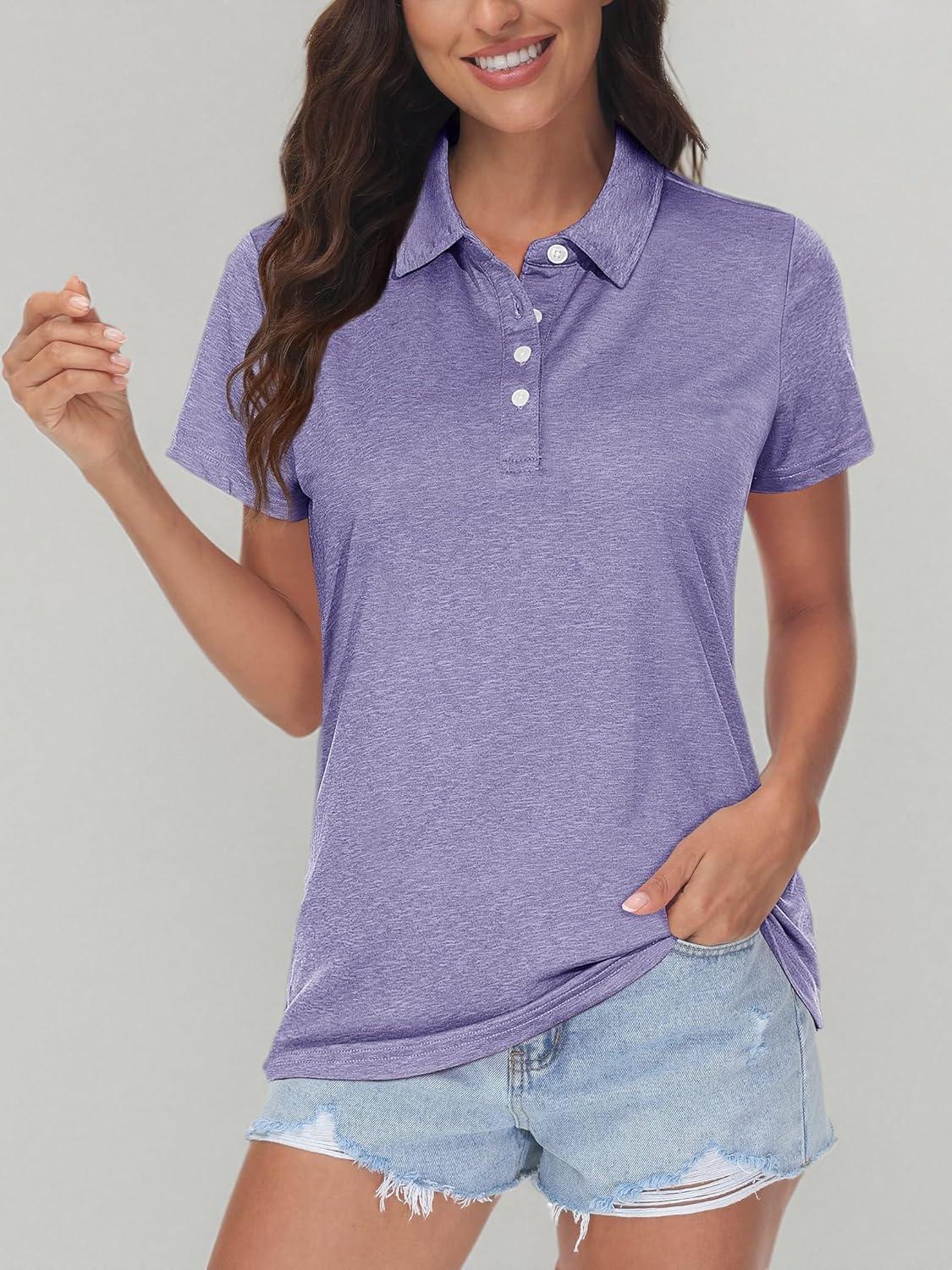 imageMAGCOMSEN Womens Polo Shirts Short Sleeve Quick Dry Golf TShirts Collared Golf Tops for Work Casual 4 ButtonsLight Purple