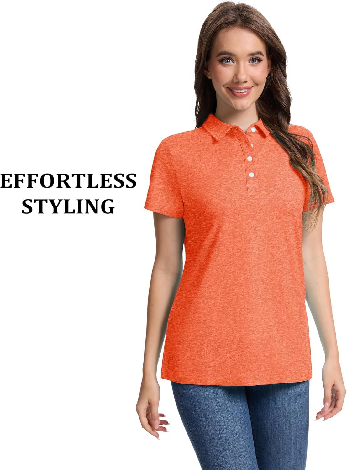 imageMAGCOMSEN Womens Polo Shirts Short Sleeve Quick Dry Golf TShirts Collared Golf Tops for Work Casual 4 ButtonsOrange