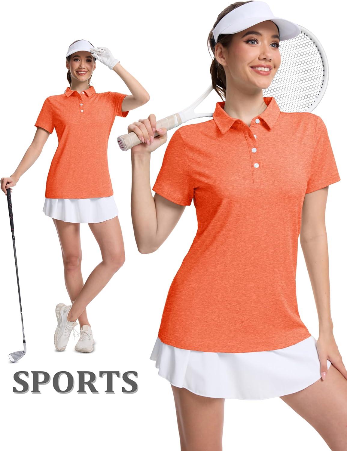 imageMAGCOMSEN Womens Polo Shirts Short Sleeve Quick Dry Golf TShirts Collared Golf Tops for Work Casual 4 ButtonsOrange