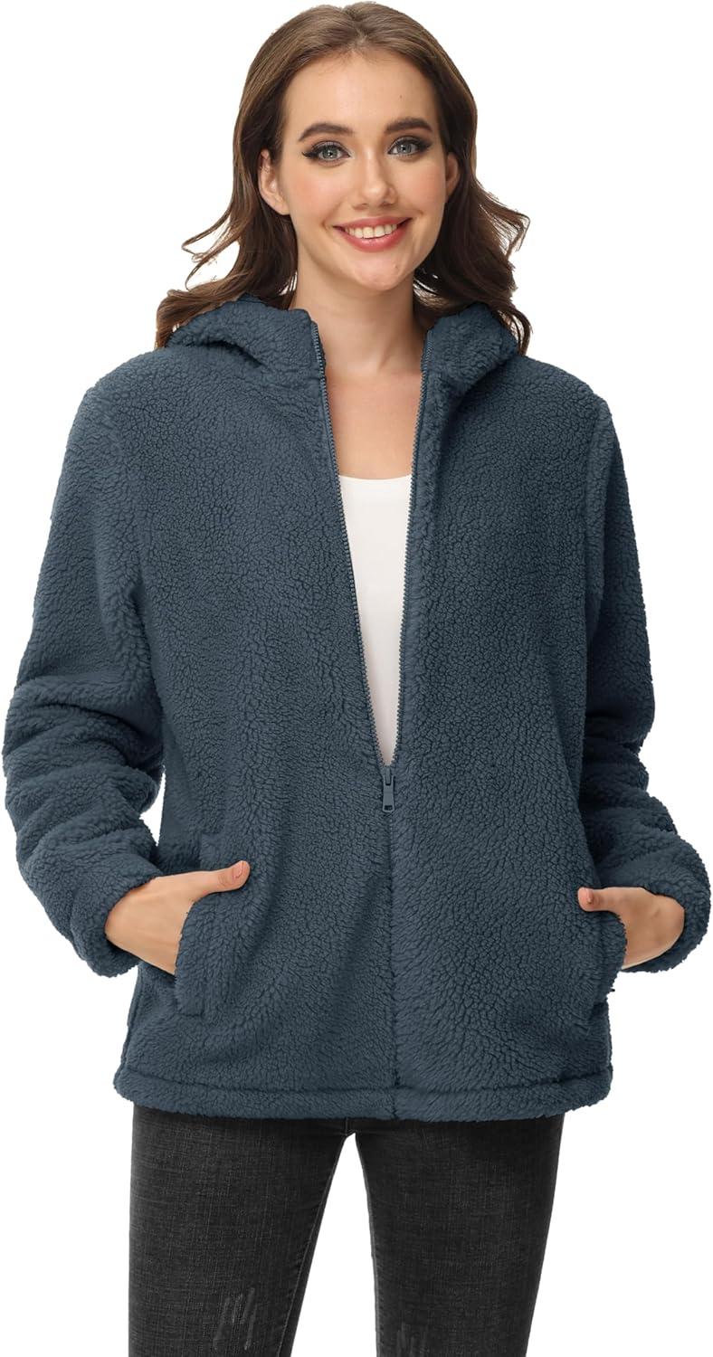 imageMAGCOMSEN Womens Sherpa Jacket Zip Up Hoodie Fuzzy Teddy Coat with Zipper Pockets Lightweight Fleece Lined Warm Winter CoatDark Grey