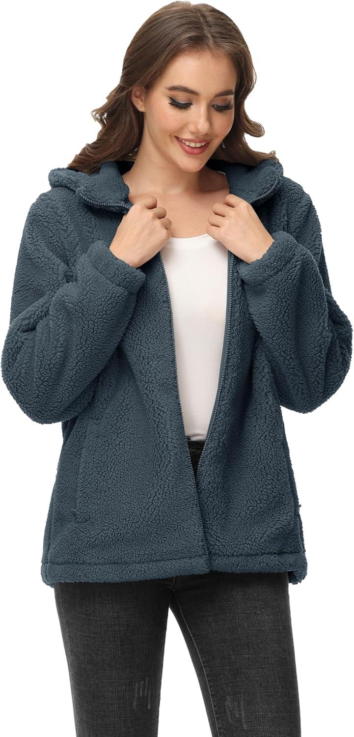 imageMAGCOMSEN Womens Sherpa Jacket Zip Up Hoodie Fuzzy Teddy Coat with Zipper Pockets Lightweight Fleece Lined Warm Winter CoatDark Grey