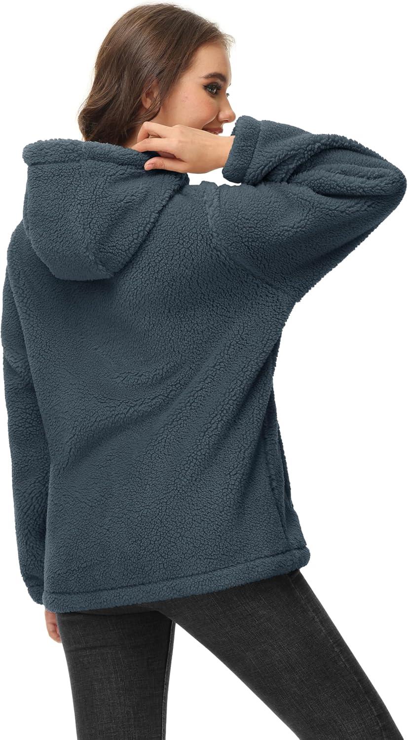 imageMAGCOMSEN Womens Sherpa Jacket Zip Up Hoodie Fuzzy Teddy Coat with Zipper Pockets Lightweight Fleece Lined Warm Winter CoatDark Grey