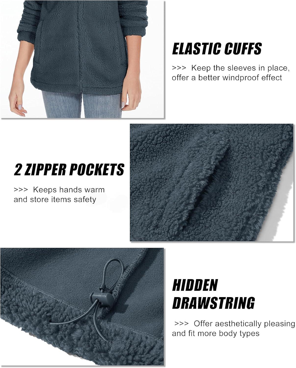 imageMAGCOMSEN Womens Sherpa Jacket Zip Up Hoodie Fuzzy Teddy Coat with Zipper Pockets Lightweight Fleece Lined Warm Winter CoatDark Grey