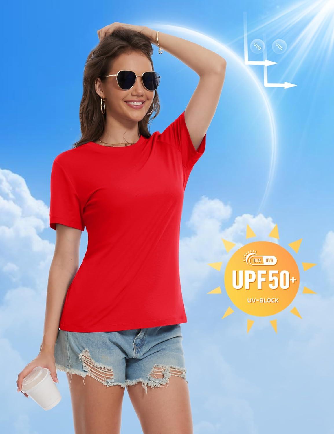 imageMAGCOMSEN Womens Short Sleeve T Shirts Cotton Summer UPF 50 Crew Neck Casual Tops Trendy Solid Color Basic TeesTomato Red