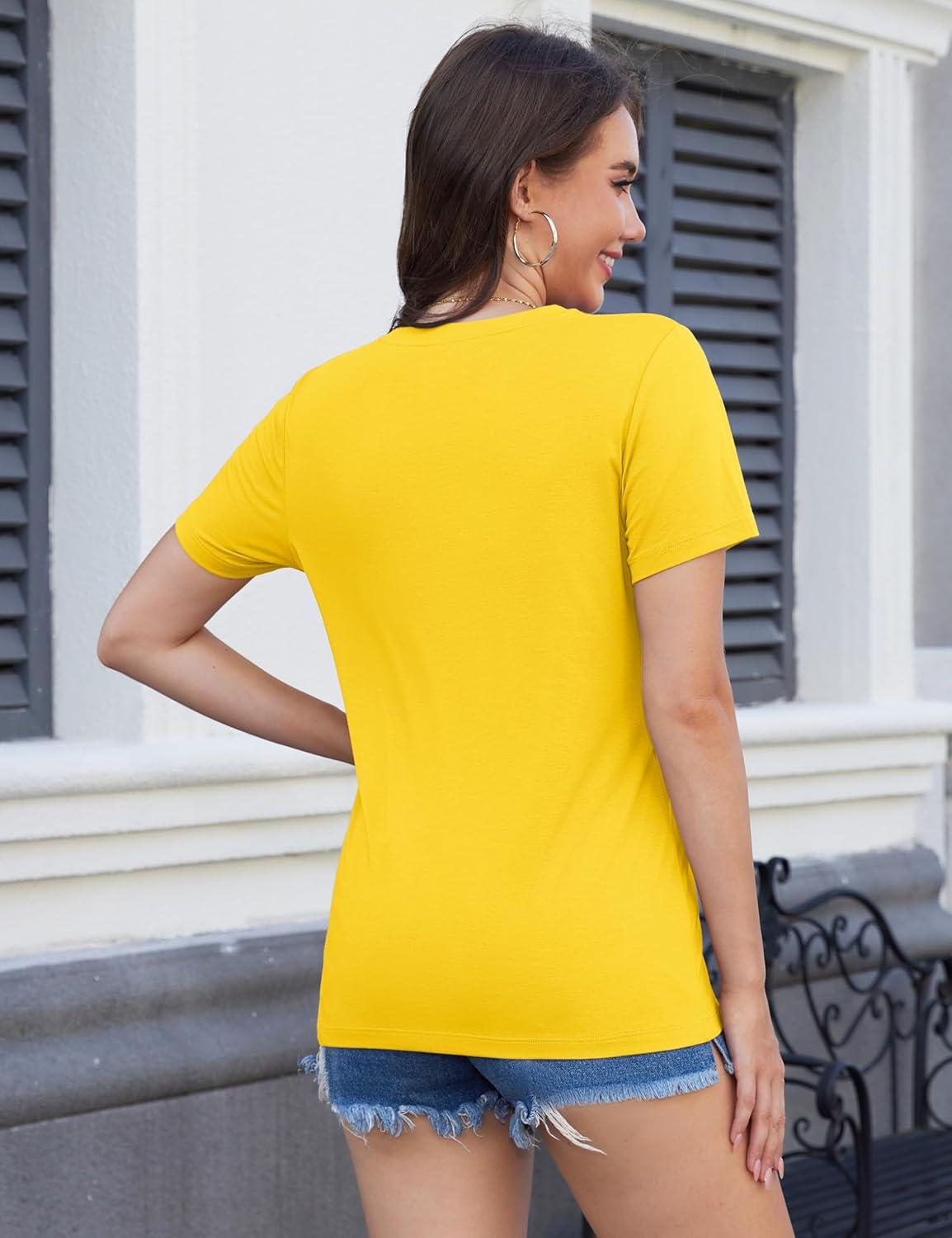 imageMAGCOMSEN Womens Short Sleeve T Shirts Cotton Summer UPF 50 Crew Neck Casual Tops Trendy Solid Color Basic TeesYellow