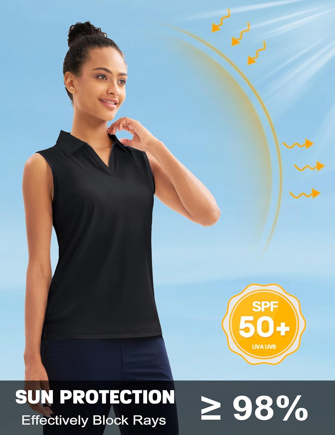 imageMAGCOMSEN Womens Sleeveless Golf Polo Shirts Collared Tank Tops UPF 50 VNeck Quick Dry Workout Athletic Tennis TopsBlack