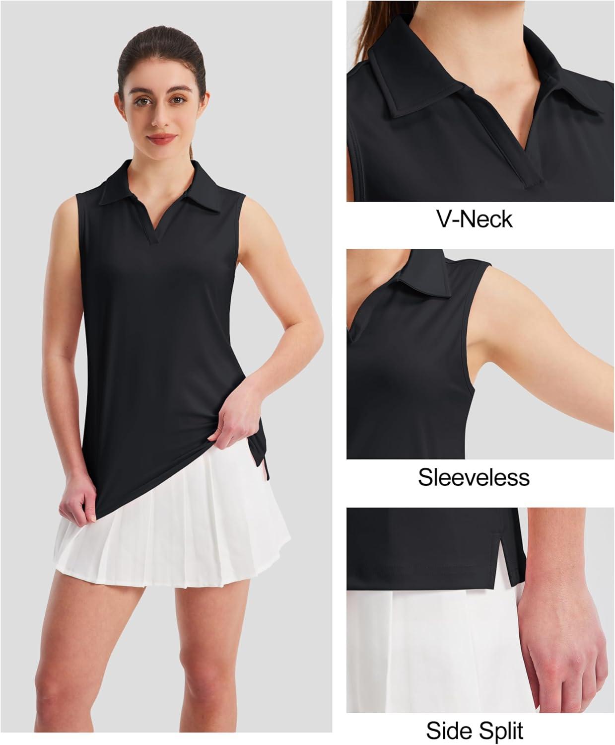 imageMAGCOMSEN Womens Sleeveless Golf Polo Shirts Collared Tank Tops UPF 50 VNeck Quick Dry Workout Athletic Tennis TopsBlack