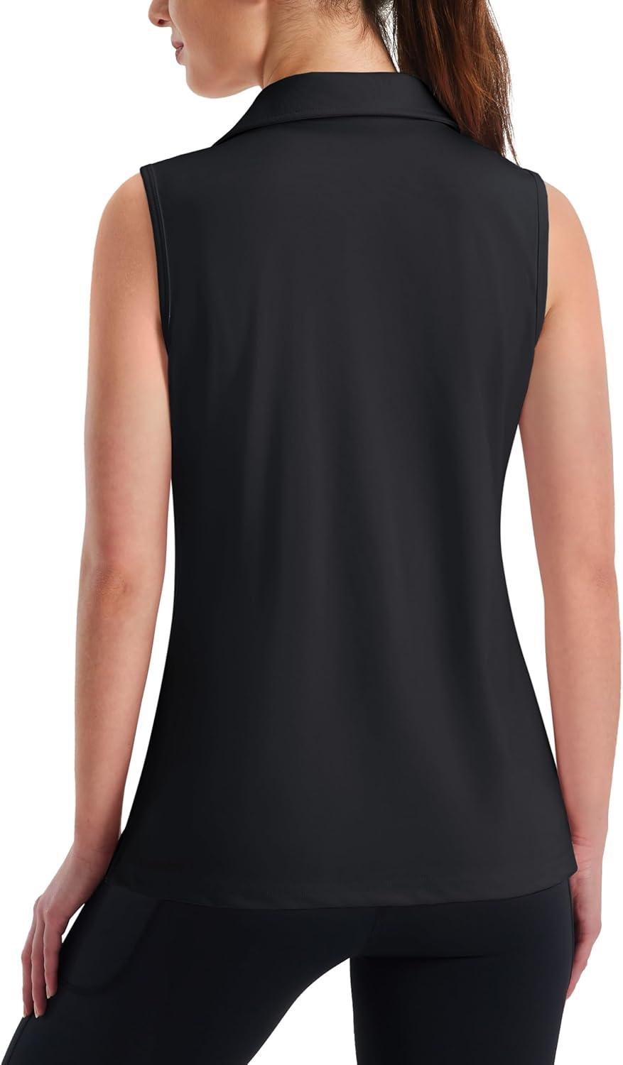imageMAGCOMSEN Womens Sleeveless Golf Polo Shirts Collared Tank Tops UPF 50 VNeck Quick Dry Workout Athletic Tennis TopsBlack
