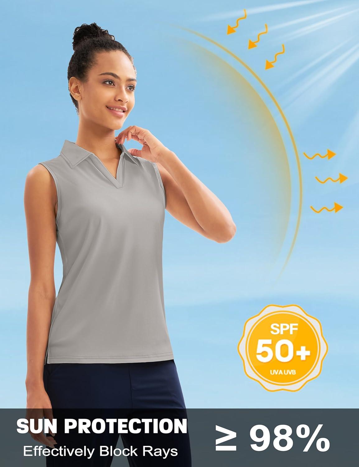 imageMAGCOMSEN Womens Sleeveless Golf Polo Shirts Collared Tank Tops UPF 50 VNeck Quick Dry Workout Athletic Tennis TopsBright Gray
