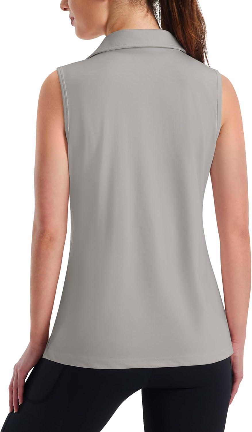 imageMAGCOMSEN Womens Sleeveless Golf Polo Shirts Collared Tank Tops UPF 50 VNeck Quick Dry Workout Athletic Tennis TopsBright Gray