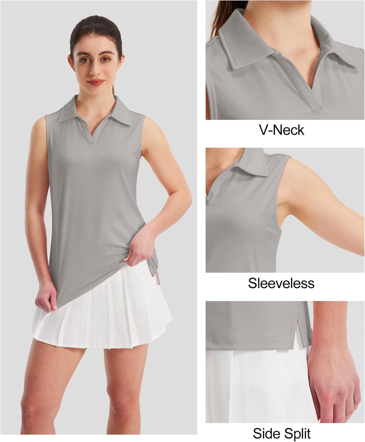imageMAGCOMSEN Womens Sleeveless Golf Polo Shirts Collared Tank Tops UPF 50 VNeck Quick Dry Workout Athletic Tennis TopsBright Gray