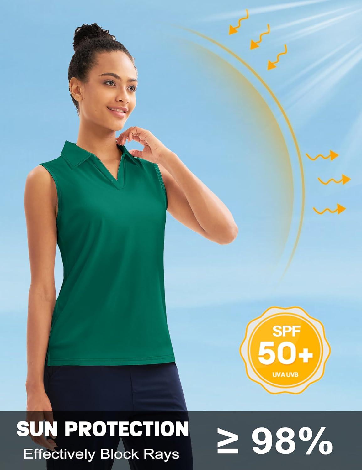 imageMAGCOMSEN Womens Sleeveless Golf Polo Shirts Collared Tank Tops UPF 50 VNeck Quick Dry Workout Athletic Tennis TopsEmerald Green