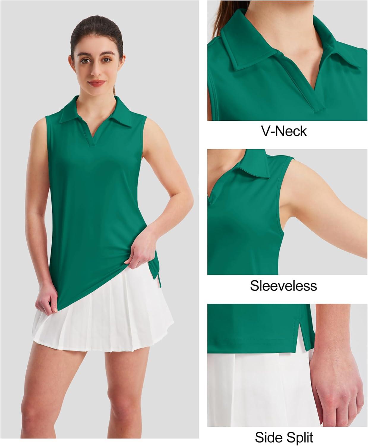 imageMAGCOMSEN Womens Sleeveless Golf Polo Shirts Collared Tank Tops UPF 50 VNeck Quick Dry Workout Athletic Tennis TopsEmerald Green
