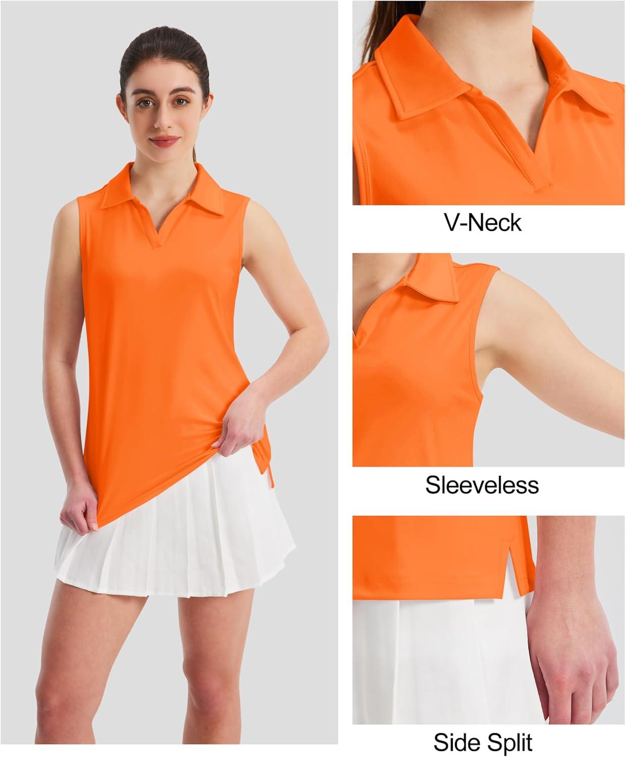 imageMAGCOMSEN Womens Sleeveless Golf Polo Shirts Collared Tank Tops UPF 50 VNeck Quick Dry Workout Athletic Tennis TopsFlorange