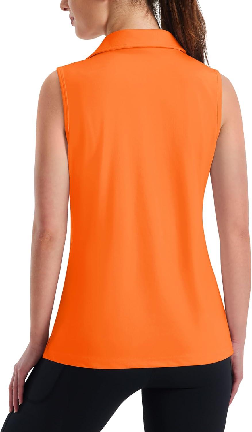 imageMAGCOMSEN Womens Sleeveless Golf Polo Shirts Collared Tank Tops UPF 50 VNeck Quick Dry Workout Athletic Tennis TopsFlorange