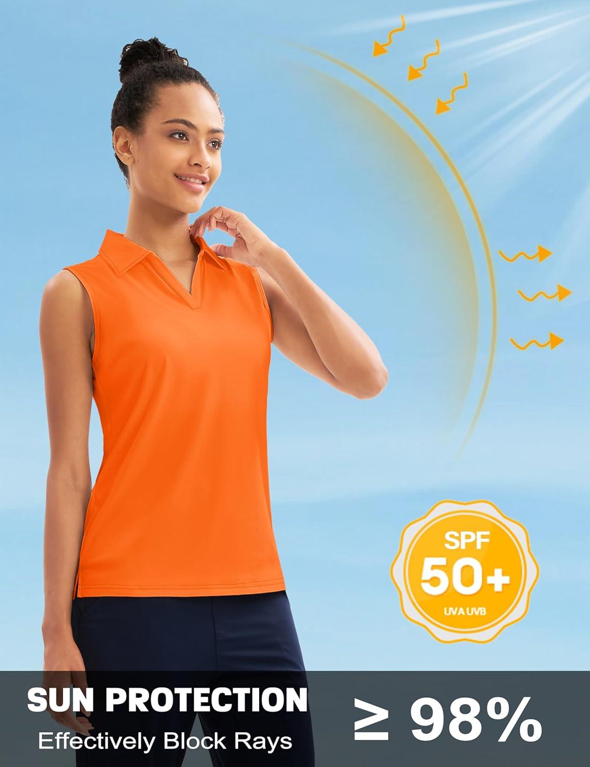 imageMAGCOMSEN Womens Sleeveless Golf Polo Shirts Collared Tank Tops UPF 50 VNeck Quick Dry Workout Athletic Tennis TopsFlorange