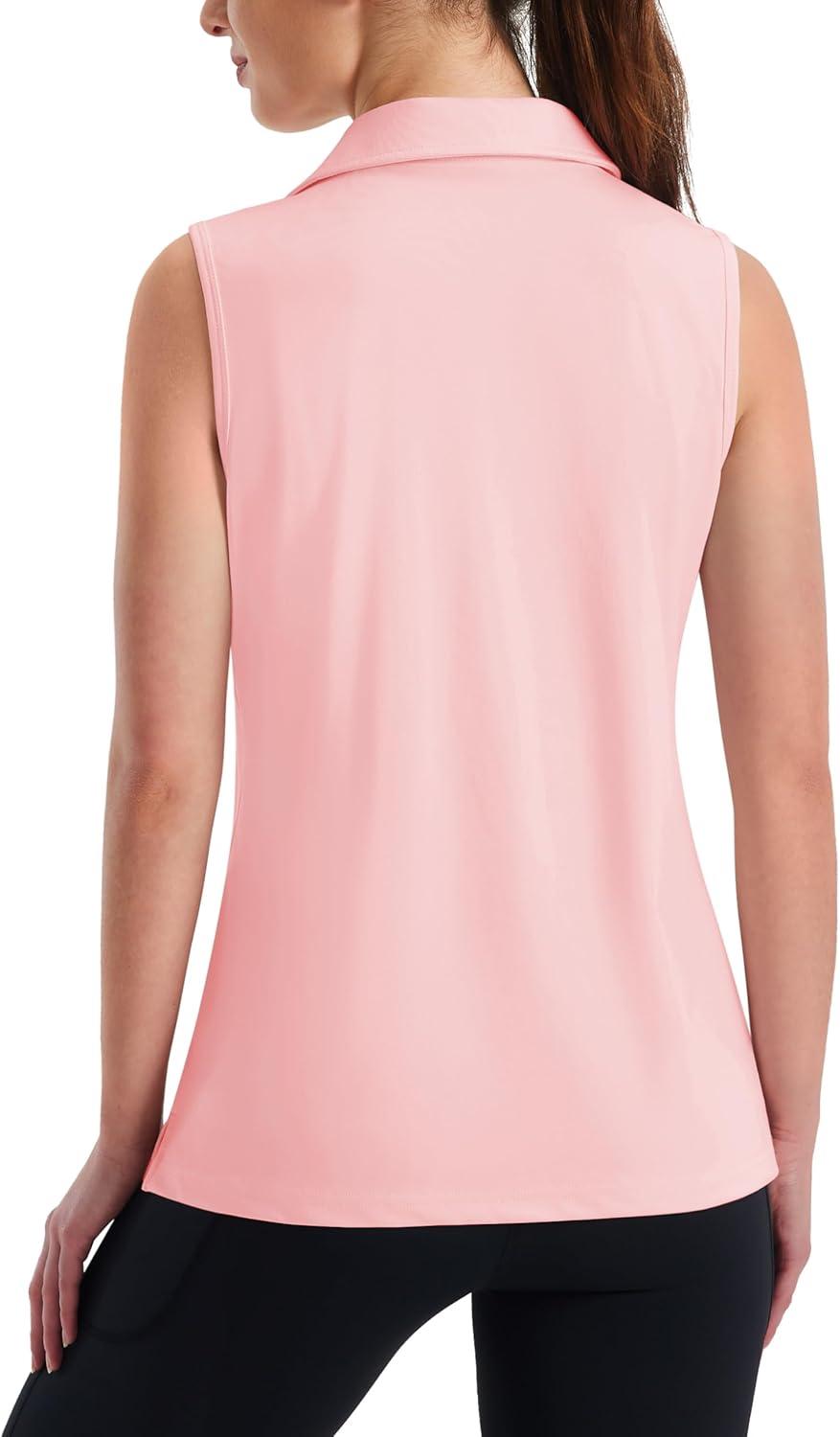 imageMAGCOMSEN Womens Sleeveless Golf Polo Shirts Collared Tank Tops UPF 50 VNeck Quick Dry Workout Athletic Tennis TopsLight Pink