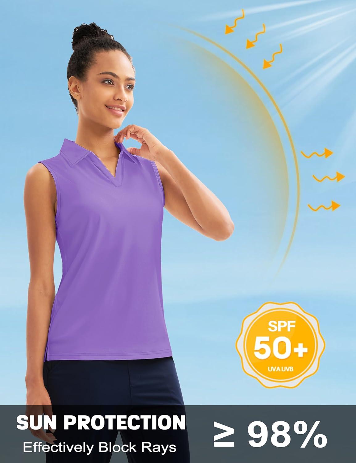 imageMAGCOMSEN Womens Sleeveless Golf Polo Shirts Collared Tank Tops UPF 50 VNeck Quick Dry Workout Athletic Tennis TopsLight Purple