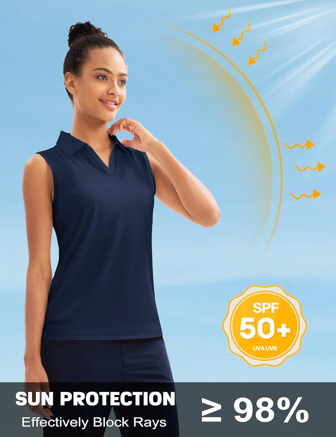 imageMAGCOMSEN Womens Sleeveless Golf Polo Shirts Collared Tank Tops UPF 50 VNeck Quick Dry Workout Athletic Tennis TopsNavy