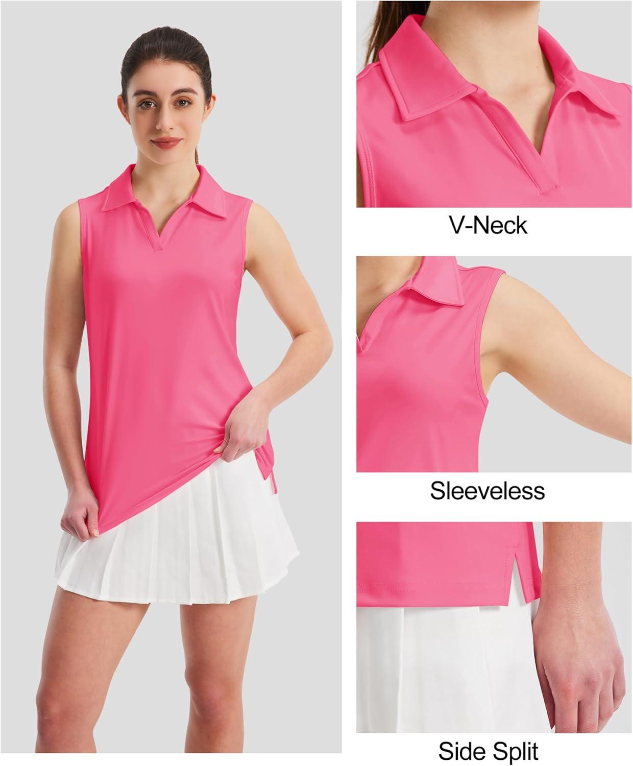 imageMAGCOMSEN Womens Sleeveless Golf Polo Shirts Collared Tank Tops UPF 50 VNeck Quick Dry Workout Athletic Tennis TopsRose Red