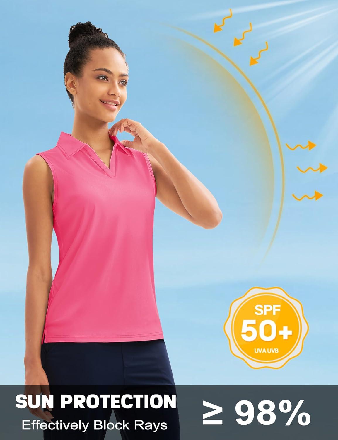 imageMAGCOMSEN Womens Sleeveless Golf Polo Shirts Collared Tank Tops UPF 50 VNeck Quick Dry Workout Athletic Tennis TopsRose Red