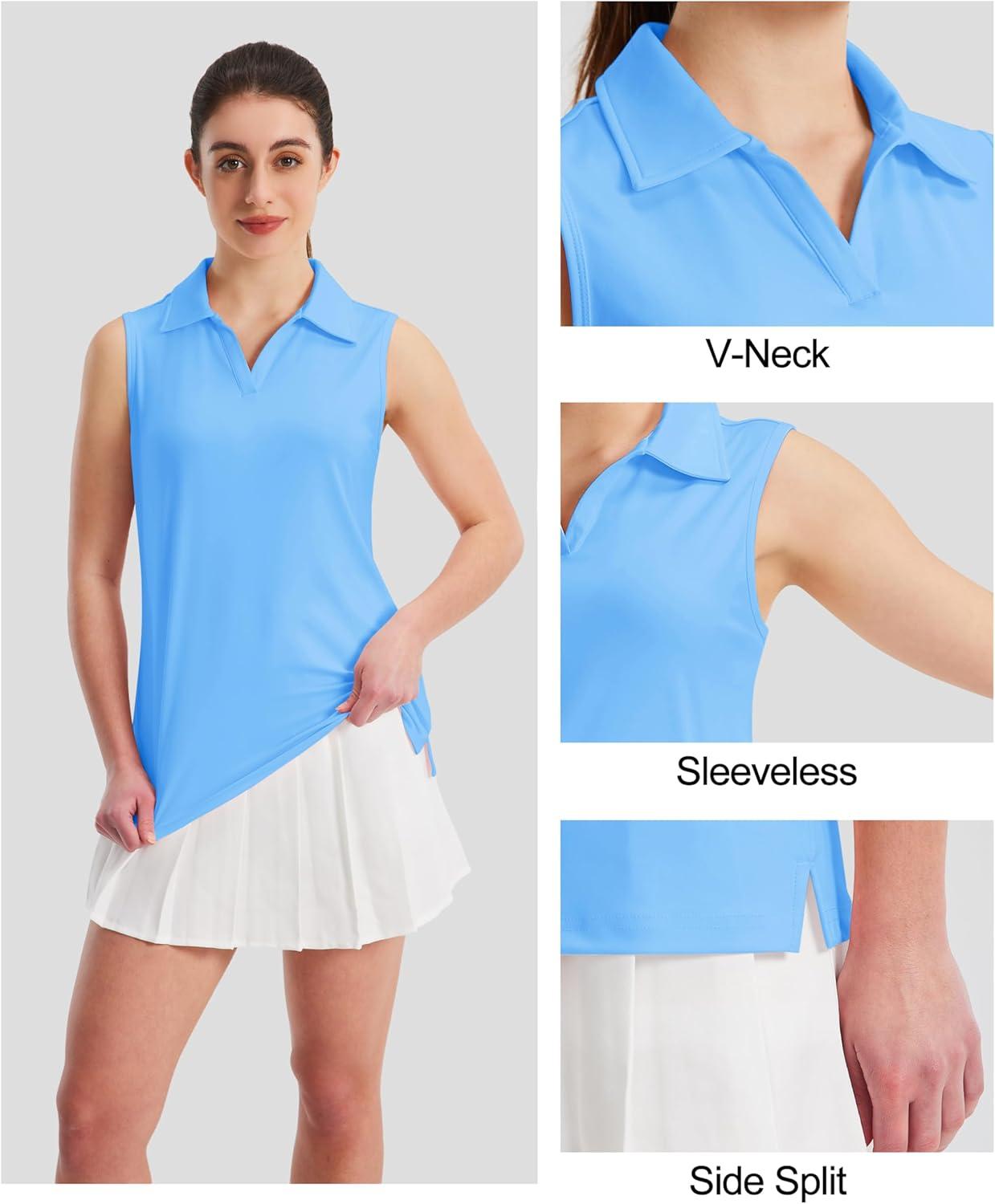 imageMAGCOMSEN Womens Sleeveless Golf Polo Shirts Collared Tank Tops UPF 50 VNeck Quick Dry Workout Athletic Tennis TopsWaterfall Blue