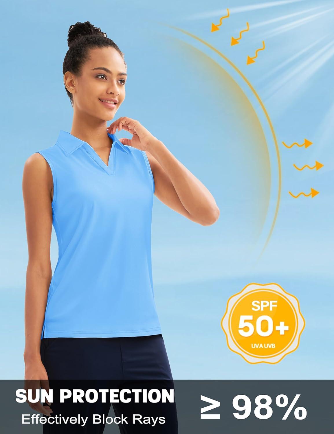 imageMAGCOMSEN Womens Sleeveless Golf Polo Shirts Collared Tank Tops UPF 50 VNeck Quick Dry Workout Athletic Tennis TopsWaterfall Blue