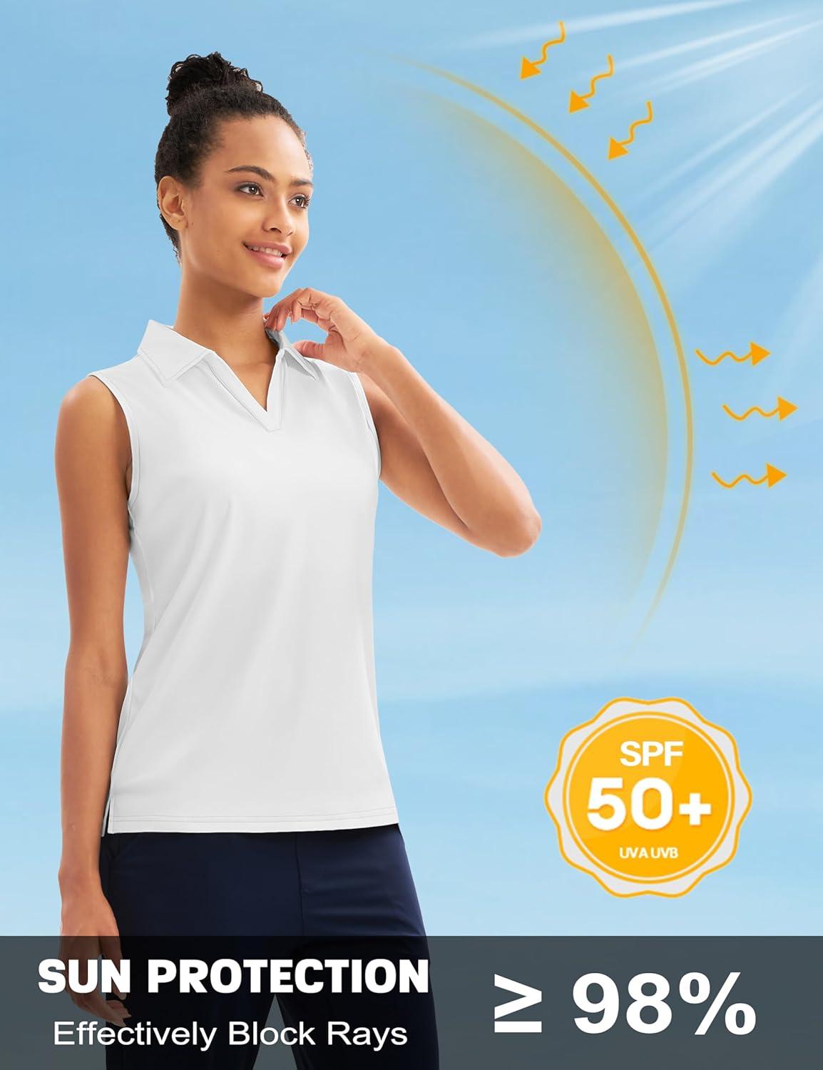 imageMAGCOMSEN Womens Sleeveless Golf Polo Shirts Collared Tank Tops UPF 50 VNeck Quick Dry Workout Athletic Tennis TopsWhite