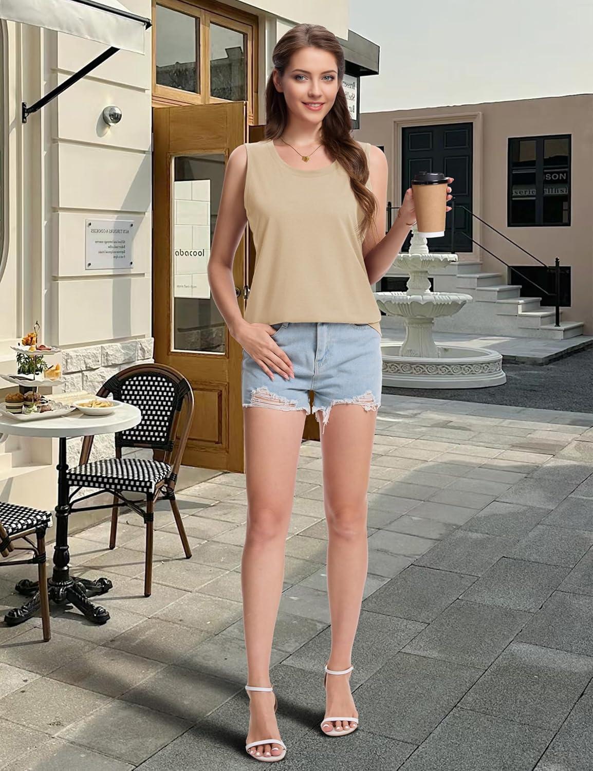 imageMAGCOMSEN Womens Tank Tops Loose Fit Sleeveless Top Casual Scoop Neck Tunic Shirts Summer UPF 50 Basic TshirtLight Khaki