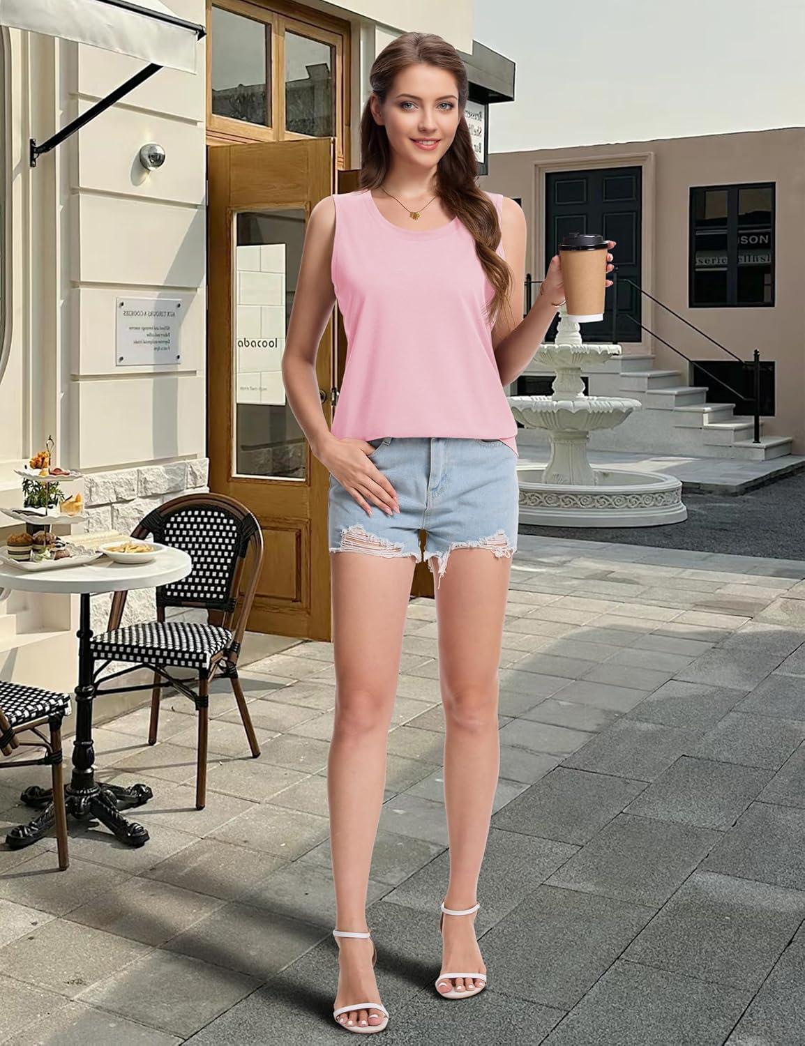 imageMAGCOMSEN Womens Tank Tops Loose Fit Sleeveless Top Casual Scoop Neck Tunic Shirts Summer UPF 50 Basic TshirtLight Pink