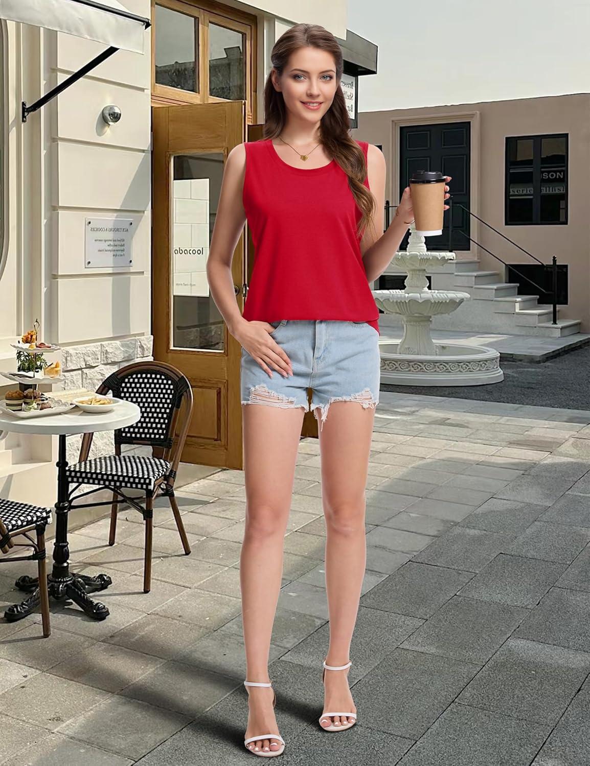 imageMAGCOMSEN Womens Tank Tops Loose Fit Sleeveless Top Casual Scoop Neck Tunic Shirts Summer UPF 50 Basic TshirtRed