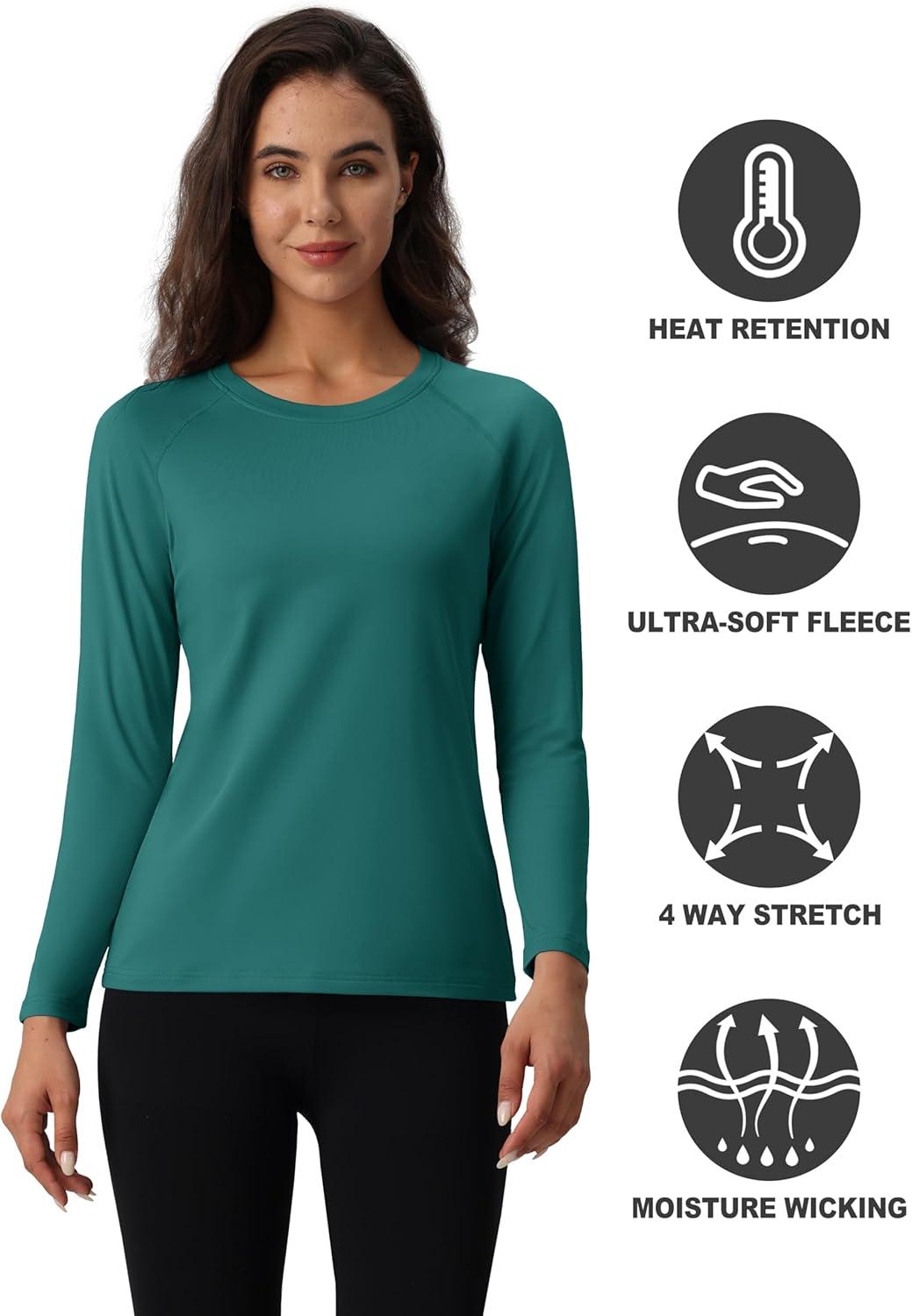 imageMAGCOMSEN Womens Thermal Shirts Fleece Pullover Long Sleeve Undershirt Tops Warm Workout Winter Base LayerEmerald Green