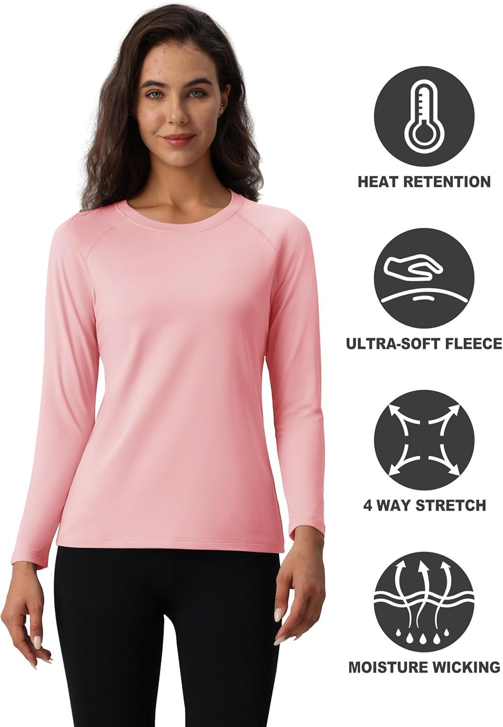 imageMAGCOMSEN Womens Thermal Shirts Fleece Pullover Long Sleeve Undershirt Tops Warm Workout Winter Base LayerLight Pink