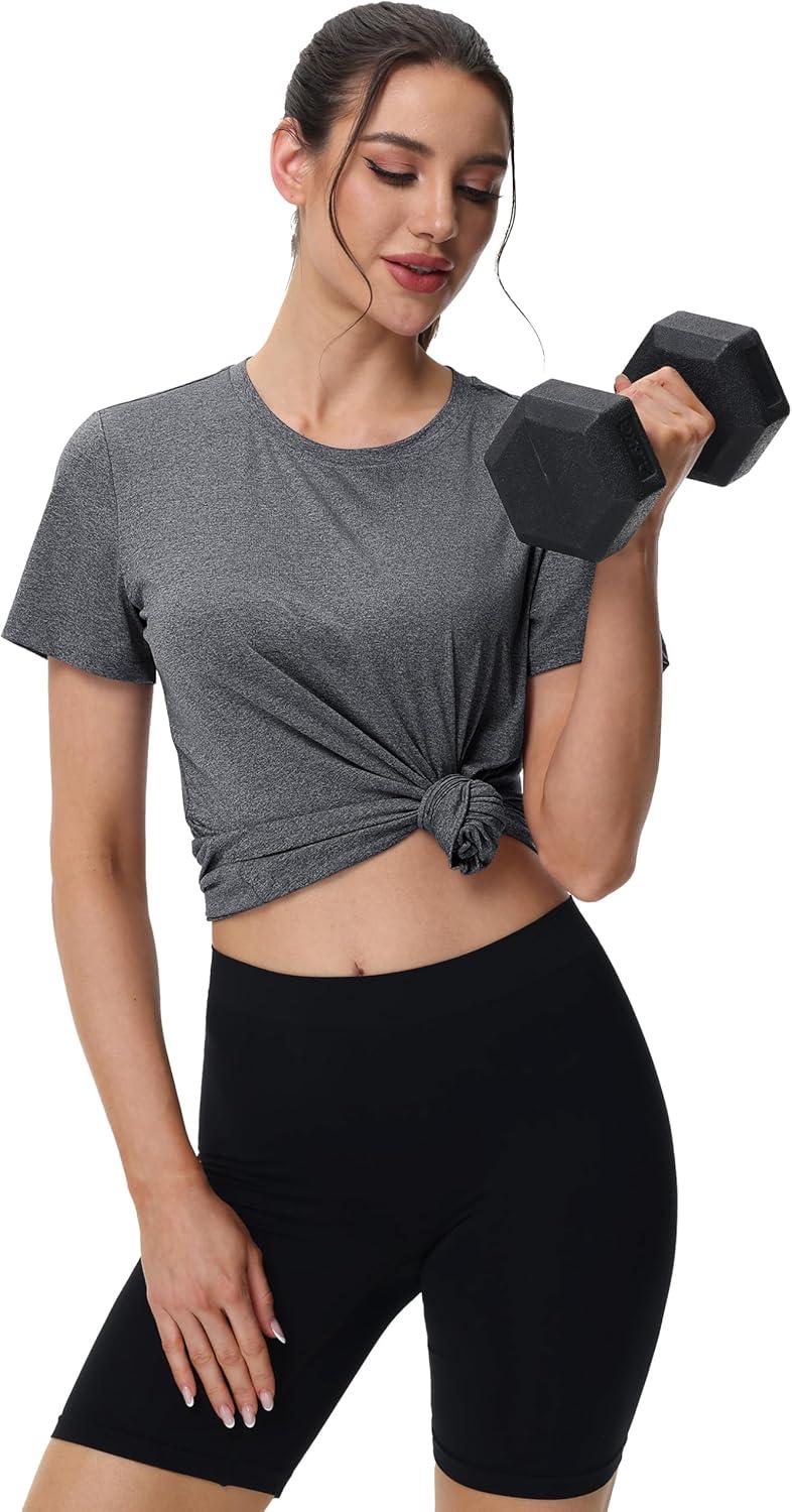 imageMAGCOMSEN Womens Tops Short Sleeve Workout Shirts UPF 50 Quick Dry Athletic Running Swim Rash GuardGrey