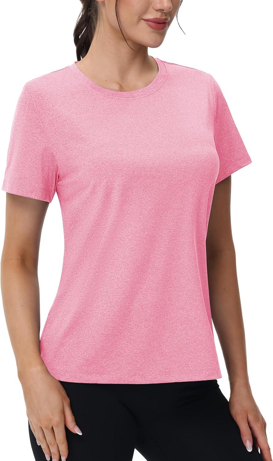 imageMAGCOMSEN Womens Tops Short Sleeve Workout Shirts UPF 50 Quick Dry Athletic Running Swim Rash GuardPink