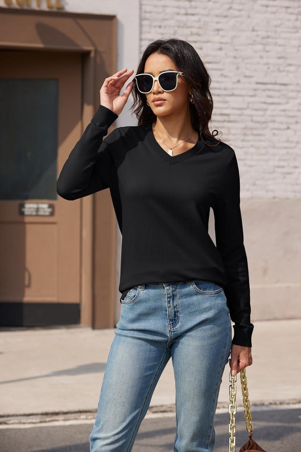 imageMAGCOMSEN Womens V Neck Sweater 2025 Spring Casual Long Sleeve Tops Knit Lightweight Pullover Sweaters JumperBlack
