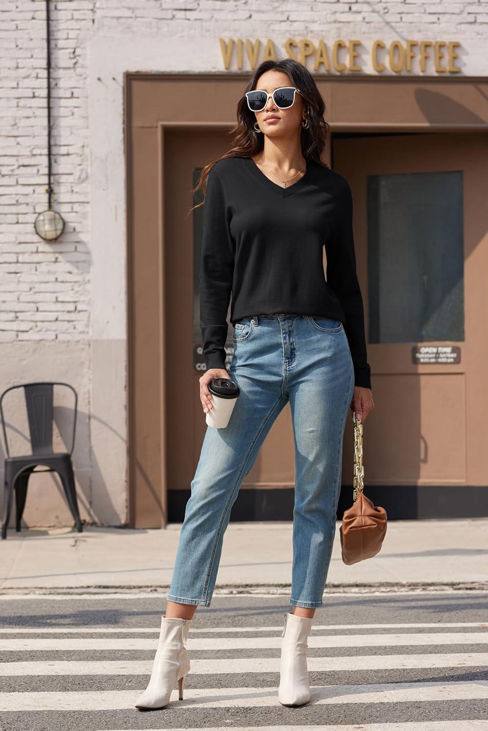 imageMAGCOMSEN Womens V Neck Sweater 2025 Spring Casual Long Sleeve Tops Knit Lightweight Pullover Sweaters JumperBlack