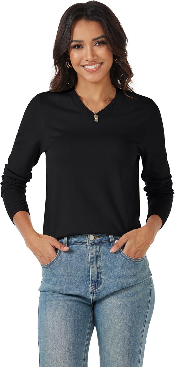 imageMAGCOMSEN Womens V Neck Sweater 2025 Spring Casual Long Sleeve Tops Knit Lightweight Pullover Sweaters JumperBlack
