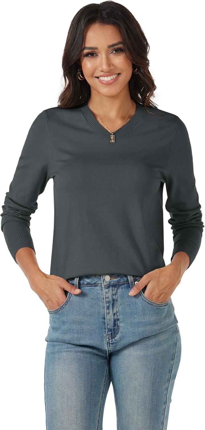 imageMAGCOMSEN Womens V Neck Sweater 2025 Spring Casual Long Sleeve Tops Knit Lightweight Pullover Sweaters JumperDark Grey