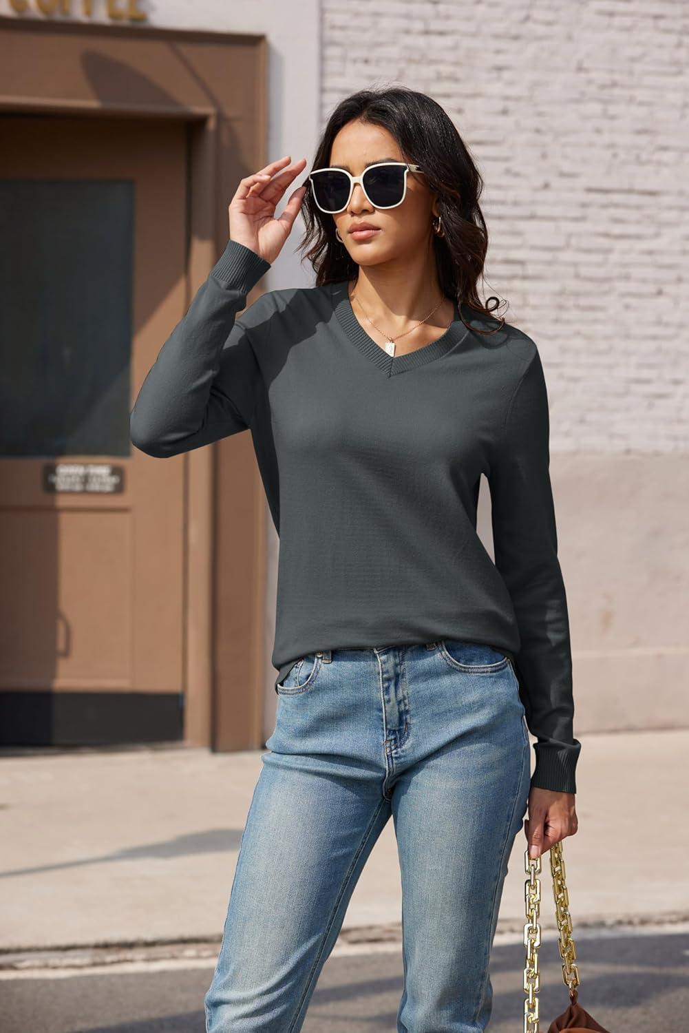 imageMAGCOMSEN Womens V Neck Sweater 2025 Spring Casual Long Sleeve Tops Knit Lightweight Pullover Sweaters JumperDark Grey