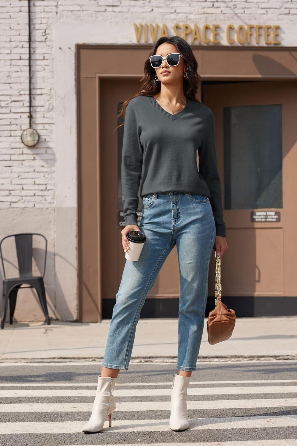 imageMAGCOMSEN Womens V Neck Sweater 2025 Spring Casual Long Sleeve Tops Knit Lightweight Pullover Sweaters JumperDark Grey